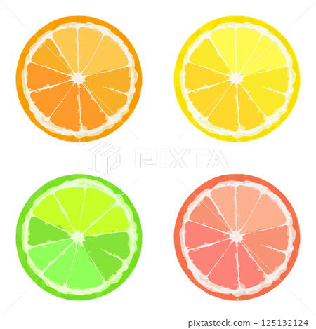 切好的柳橙、檸檬、酸橙和葡萄柚的插圖集 125132124
