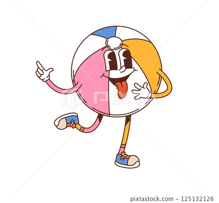 Retro groovy cartoon beach ball kids toy character with a goofy smile and playful expressive eyes, mismatched limbs and a cheerful tongue out face, evoking fun 70s summer vibes and carefree energy 125132126