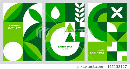 Earth day environment posters with geometric pattern. Vector vertical cover or layout templates for April 22 celebration. Environmental awareness with modern modular mosaic shapes in green and white 125132127