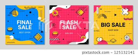Sale Memphis banners with abstract geometric shapes. Discounts up to 50 percent off. Vector vibrant square cards, shop retail advertising templates for promoting seasonal deals or attracting customers Sale Memphis banners with abstract geometric shapes. Discounts up to 50 percent off. Vector vibrant square cards, shop retail advertising templates for promoting seasonal deals or attracting customers 125132141
