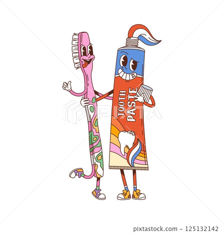 Cartoon groovy toothpaste and toothbrush medicine and health care characters smiling and giving a thumbs up. Vector retro y2k personages promote dental hygiene, oral health and tooth care for kids 125132142