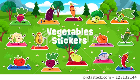 Funny cartoon vegetable characters on yoga fitness sport stickers pack. Vector patches of funny vegs wearing sporty headbands engaging in stretching exercises on mats in a lush green outdoor landscape 125132144