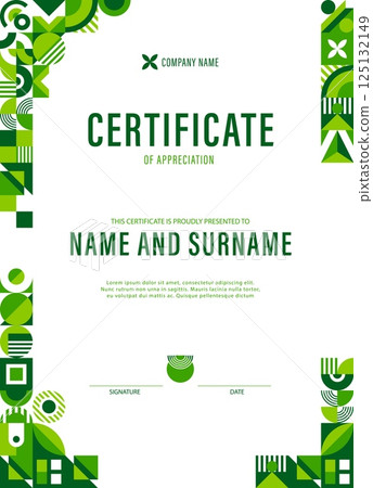 Vertical ecology certificate template with green geometric shapes, vector diploma. Appreciation certificate template for achievement in green technology or eco environment with geometric shapes frame 125132149