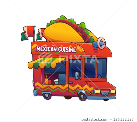 Food truck car or street food festival van with Mexican cuisine, cartoon vector. Foodtruck or fast food vendor kiosk booth with tacos sign on roof and Mexican flags for street market festival truck 125132155