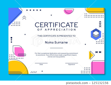 Certificate template with Memphis geometric pattern. Vector diploma, appreciation frame with vibrant colors, place for recipient name, date and signature, surrounded by abstract shapes and elements Certificate template with Memphis geometric pattern. Vector diploma, appreciation frame with vibrant colors, place for recipient name, date and signature, surrounded by abstract shapes and elements 125132156
