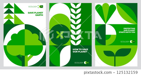 Ecology environment posters with geometric pattern and abstract natural elements. Vector retro modern modular save planet backgrounds with mosaic shapes in shades of green symbolize sustainability Ecology environment posters with geometric pattern and abstract natural elements. Vector retro modern modular save planet backgrounds with mosaic shapes in shades of green symbolize sustainability 125132159