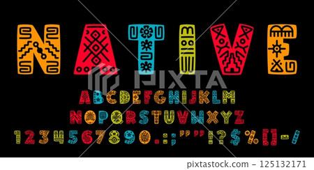 African ethnic font, tribal safari typeface, american native type, ornament letters alphabet vector typography. Color letters and numbers font set with african mexican and aztec ethnic line pattern 125132171