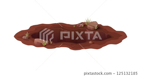 Hole in ground or burrow pit with deep dirty hollow, cartoon isolated vector. Deep dig burrow in ground with stone rocks or pebbles with grass on edges, underground manhole or hollow pit hole Hole in ground or burrow pit with deep dirty hollow, cartoon isolated vector. Deep dig burrow in ground with stone rocks or pebbles with grass on edges, underground manhole or hollow pit hole 125132185