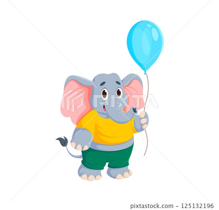 Cartoon funny elephant with balloon for kids animal character, vector mascot. Cute little elephant with happy face with blue balloon for birthday party, kids kindergarten or preschool animal mascot 125132196