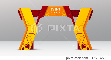 Gate arch for event entrance in red, yellow and orange design, vector stand stage. Event arch and entry booth gate in 3D mockup for welcome frame of exhibition or marathon and expo advertising display 125132205