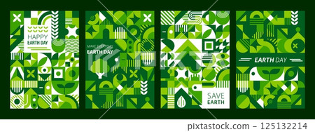 Earth day posters with green geometric shapes, vector ecology and environment backgrounds. Happy Earth Day posters for Save Nature and Make Planet Green eco campaign with ecology geometric shapes 125132214