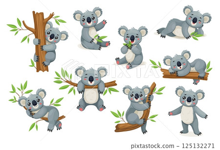 Cartoon funny koala bear characters climbing trees, eating eucalyptus leaves, and sleeping on branches. Vector set captures the charm of cute Australian koala animals with playful kawaii expressions 125132271
