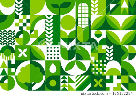 Environment ecology green abstract geometric pattern. Vector mosaic background with natural shapes, patterns and elements of nature in shades of green, symbolize sustainability and ecological harmony 125132294