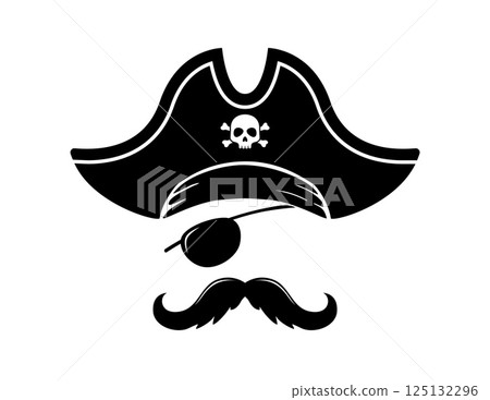 Pirate sailor photo booth mask with black tricorn hat, eyepatch and mustaches. Isolated vector black silhouette of captain face complete with cocked hat, swashbuckling filibuster photobooth template Pirate sailor photo booth mask with black tricorn hat, eyepatch and mustaches. Isolated vector black silhouette of captain face complete with cocked hat, swashbuckling filibuster photobooth template 125132296