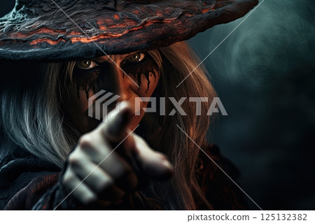 Evil witch pointing finger. Ai Generative 125132382
