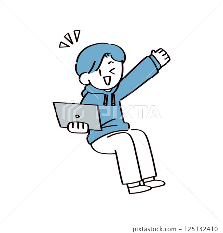 一名男子拿著筆記型電腦舉起了手 125132410