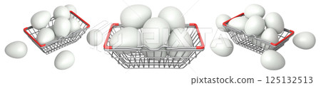 Wire baskets filled with eggs, isolated on white transparent background, concept of kitchen storage 125132513