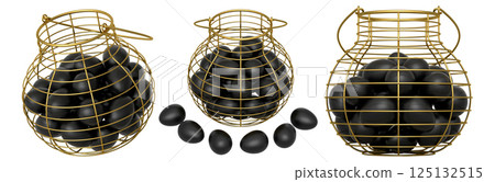 Wire baskets filled with eggs, isolated on white transparent background, concept of kitchen storage 125132515