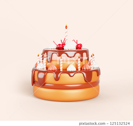 3d birthday two tier cake with chocolate melted flowing icing drips, candles, cream and cherry decoration. Sweet dessert for anniversary or wedding celebration. Realistic render icon. 3D illustration 125132524