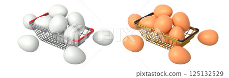 Wire baskets filled with eggs, isolated on white transparent background, concept of kitchen storage 125132529