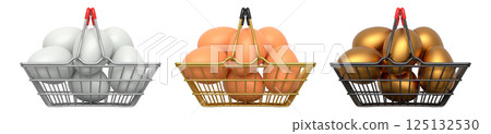 Wire baskets filled with eggs, isolated on white transparent background, concept of kitchen storage 125132530