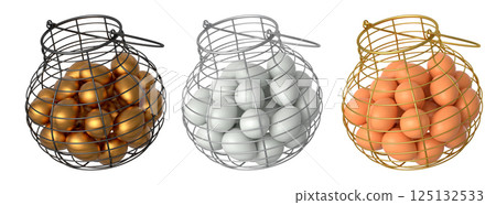 Wire baskets filled with eggs, isolated on white transparent background, concept of kitchen storage 125132533