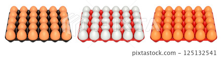 Plastic trays filled with neatly stacked brown and white eggs, isolated on white transparent background. 125132541