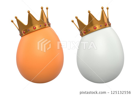 Brown and white eggs adorned with golden crowns with red gemstones, isolated on white transparent background. Brown and white eggs adorned with golden crowns with red gemstones, isolated on white transparent background. 125132556