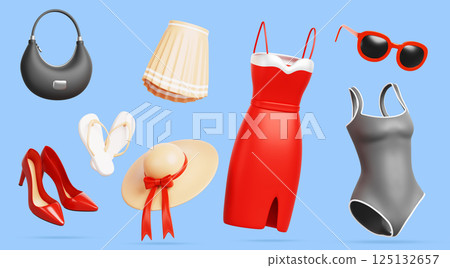 3d women clothes and accessories set. Fashion dress, shoes, skirt, bag. Summer beach wear swimsuit, flip flop, hat, sunglasses for girl. Realistic female wardrobe isolated render icon. 3D illustration 125132657