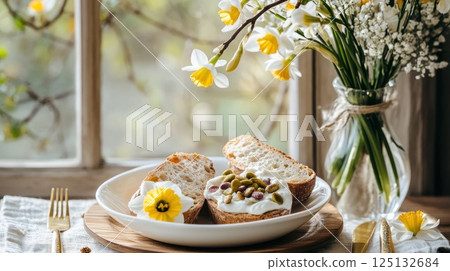 Rustic Easter still life with festive bread slices, spring flowers, wooden table Cozy Easter brunch 125132684