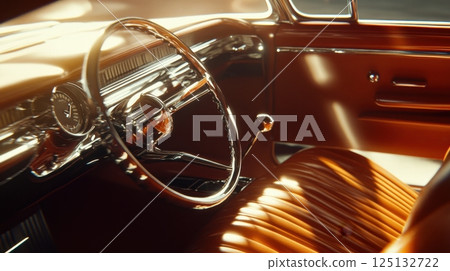 Classic Car Interior Golden Hues Gleaming Details 125132722