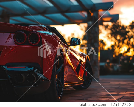 Red Sports Car Sunset Parking Garage View 125132790