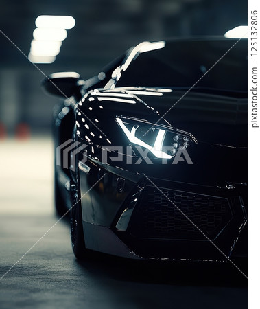 Sleek Black Sports Car Headlight Illumination 125132806