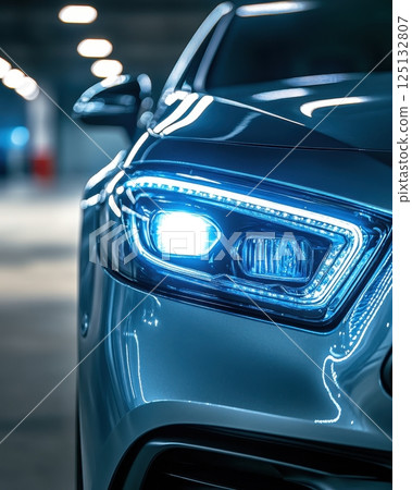 Modern Car Headlight Illuminated In Parking Garage 125132807