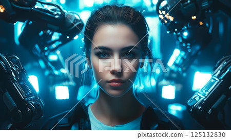 A woman interacts with artificial intelligence technology. The concept of AI integration, human-machine collaboration, and technological advancement. Generative AI. 125132830