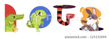 Peeking animals set isolated on white background Peeking animals set isolated on white background 125132944