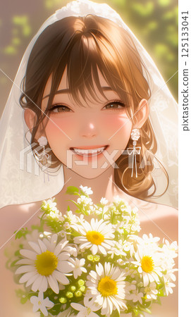 人工智慧生成的圖像：一位面帶微笑的新娘手捧一束白色非洲菊 125133041