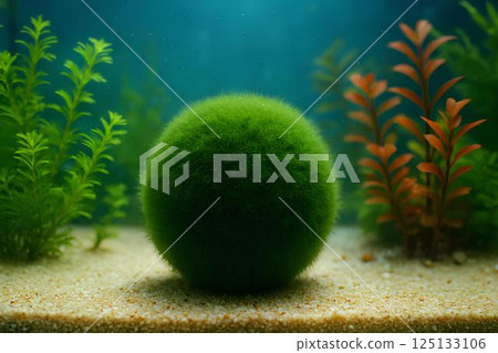 A bright green ball of cladophora (marimo) moss on light colored sandy soil at the bottom of an aquarium surrounded by aquatic plants.  125133106