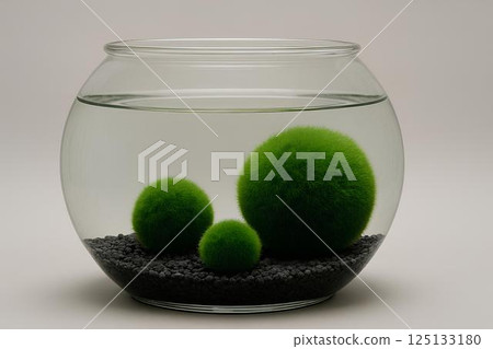 Close-up of three green balls of moss Marimo (Cladophora globularis) on black ground in a transparent aquarium with water on a gray background with a place for text. 125133180