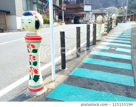 Kokeshi guardrail in front of Naruko Onsen Station 125133194