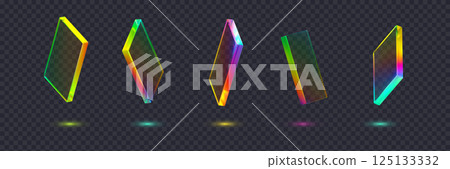 Set of 3d transparent glossy abstract cubes or shapes with dispersion effect. Rainbow colors reflection glass. Vector illustration. 125133332