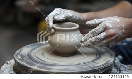 Hands shaping clay pot on pottery wheel. 125133409