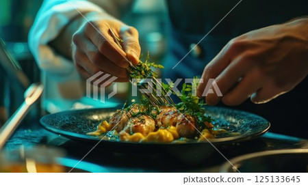 Chef plating scallops with herbs. 125133645