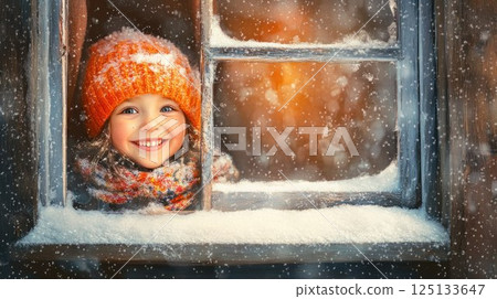 Child smiling at snowy window during winter. 125133647