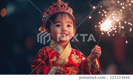 Child celebrating with a sparkler in traditional attire. 125133648