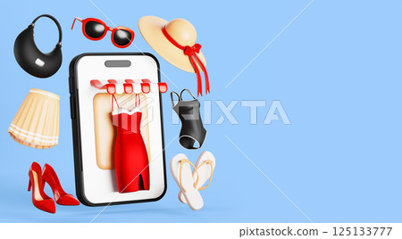 3d online shopping render banner. Fashion clothes shop in mobile app. Smartphone with women dress, shoes, bag, hat and swimwear. Wardrobe store boutique in internet market platform. 3D illustration 125133777