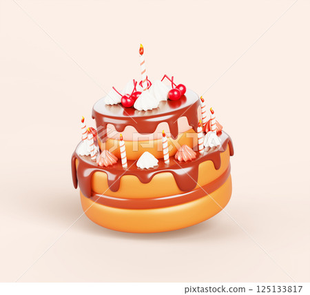 Birthday cake with candles, dripping chocolate glaze, white marshmallow and cherry decoration. Realistic 3d render of sweet dessert with choco cream for b-day and anniversary party. 3D illustration Birthday cake with candles, dripping chocolate glaze, white marshmallow and cherry decoration. Realistic 3d render of sweet dessert with choco cream for b-day and anniversary party. 3D illustration 125133817