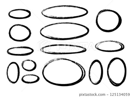 Crayon highlight oval shapes set - hand drawn black chalk or marker sketchy rough ellipse circles. Pencil highlighting design elements in grunge style for emphasizing text information and attention 125134059