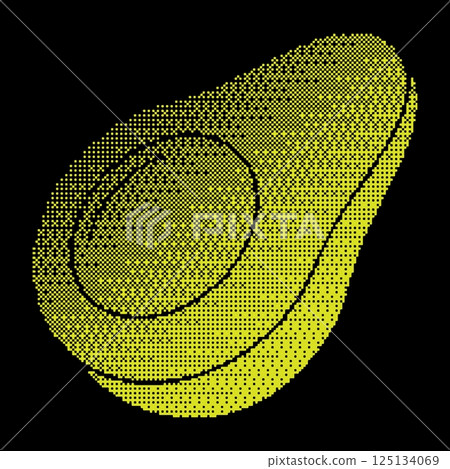 Pixel avocado fruit halftone silhouette icon. Avocado fruit cut in half with seed in middle. Exotic fruit. Simple black and yellow vector isolated on black Pixel avocado fruit halftone silhouette icon. Avocado fruit cut in half with seed in middle. Exotic fruit. Simple black and yellow vector isolated on black 125134069
