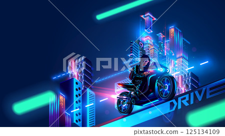 Motorcycle or motorbike rides on the night city of future. Hooded motorcyclist races along futuristic city at night in neon lights. Sci-fi illustration of motorbike in futuristic cyberpunk skyscrapers 125134109